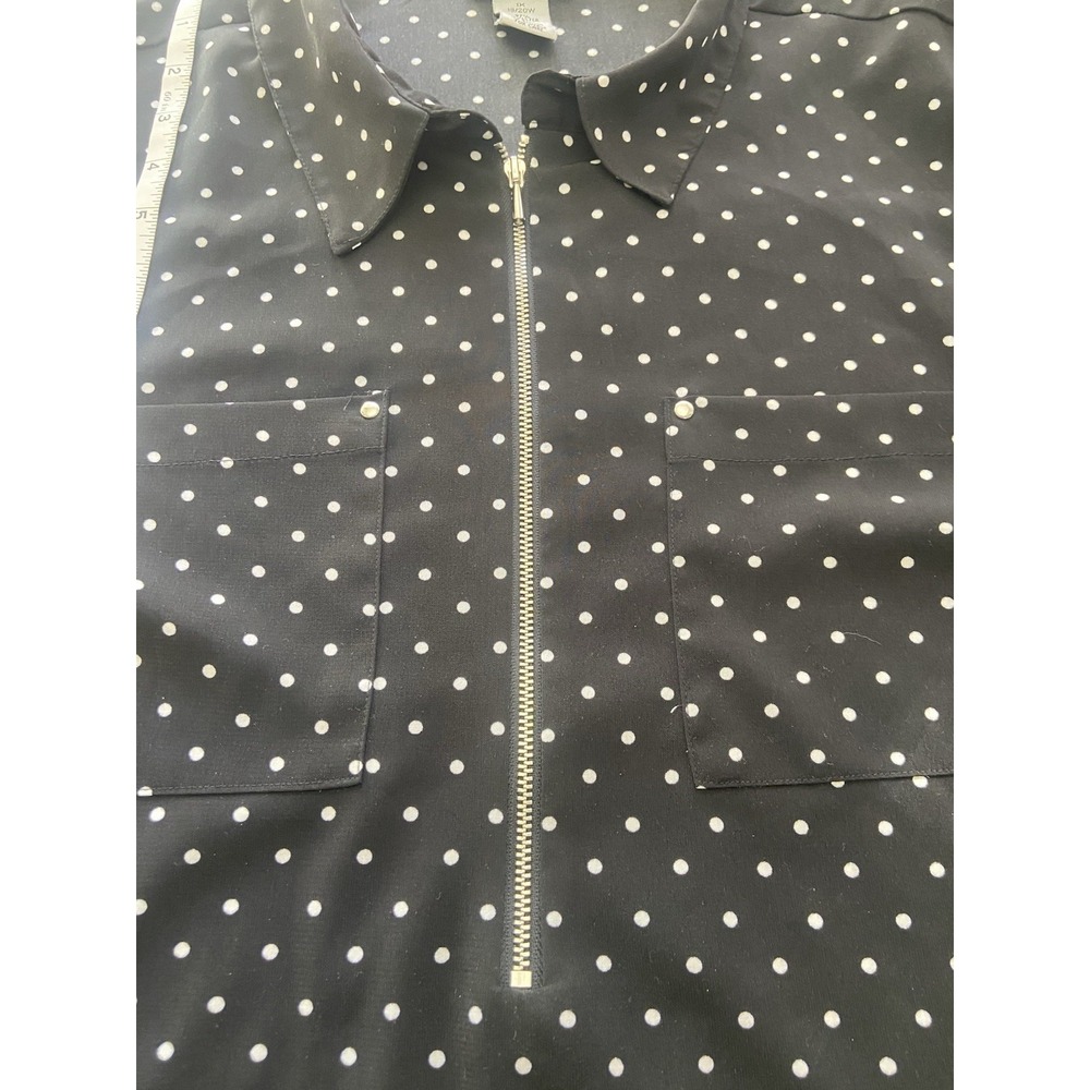 Catherine's Popover Top Size 1X 16/18 Black‎ White Polka Dot 1/2 Zip Blouse